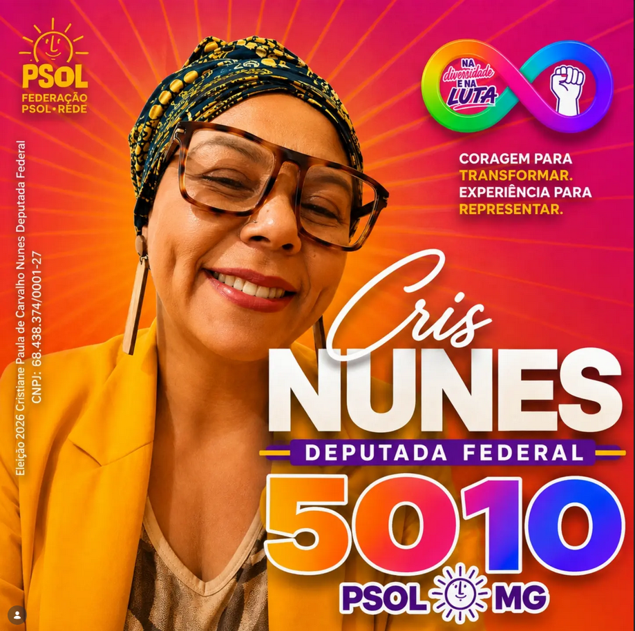 Cris Nunes, candidata a Deputada Federal pelo PSOL MG, número 5010